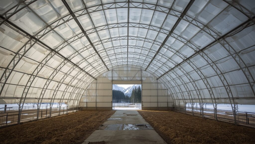 Innenansicht Rundbogenhalle mit Stahlrippen und Membran, Alpen im Hintergrund