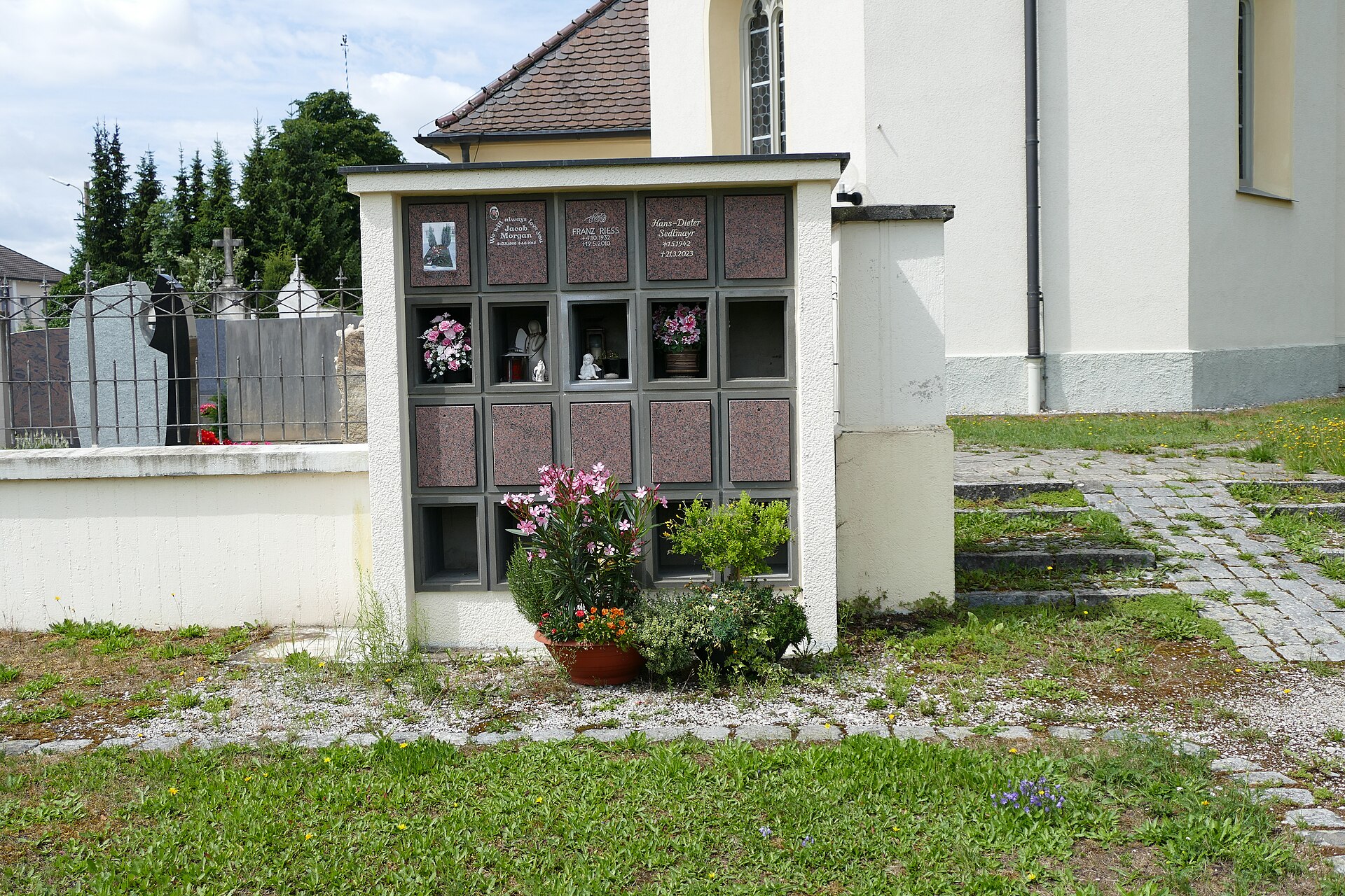 Cemetery in Malching near Maisach, Bavaria, Germany - a modern columbarium in the new part of the cemetery.